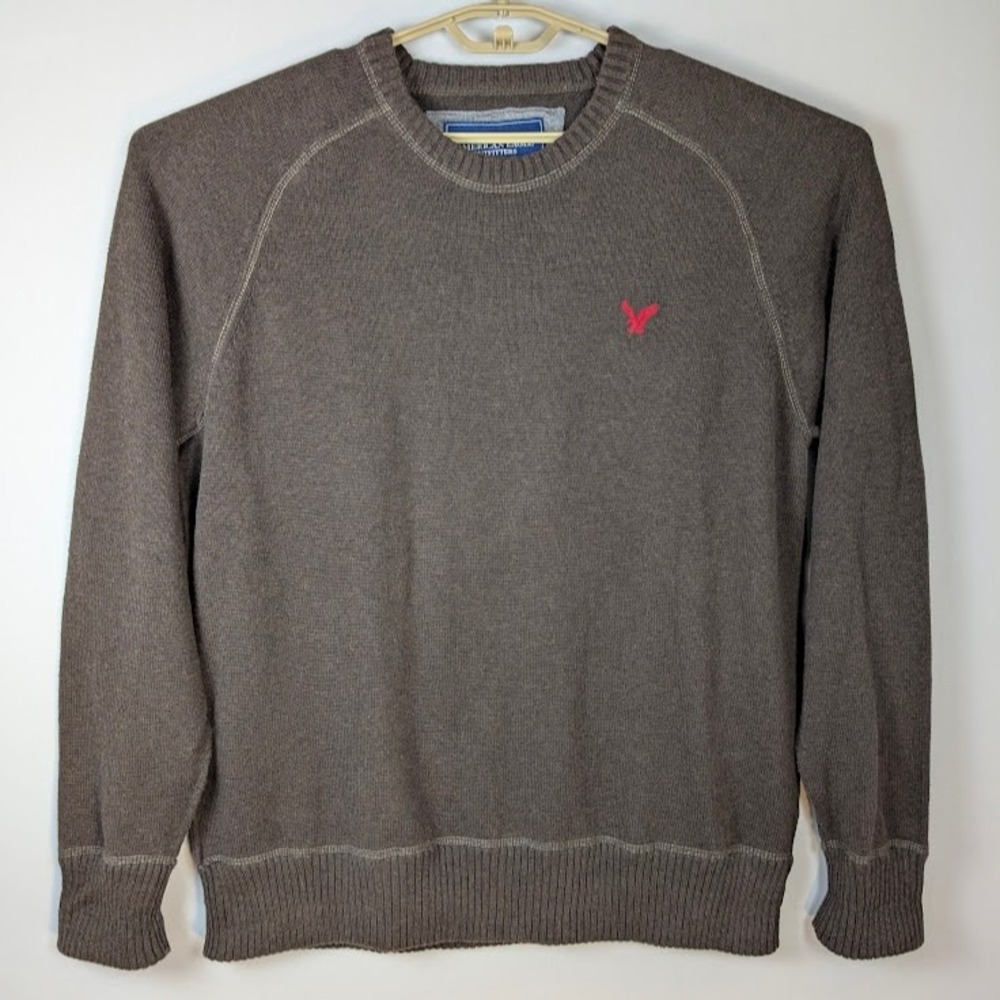 Y2K American Eagle Sweater Mens XXL Brown Crewneck 100%‎ Heavy Cotton Red Logo